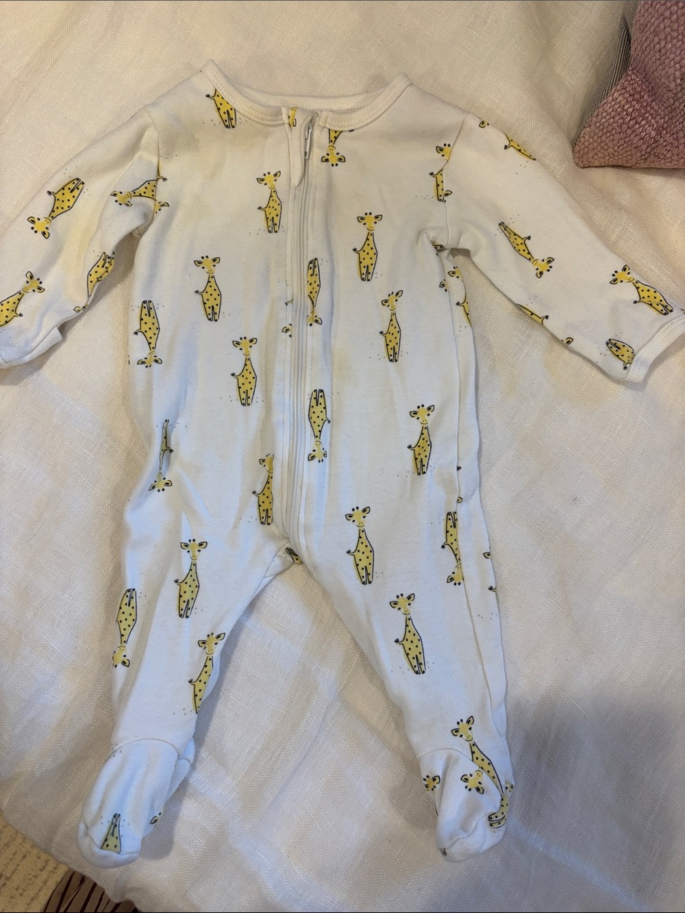 Petit Lem White Footed One-Piece with Yellow Giraffe Print